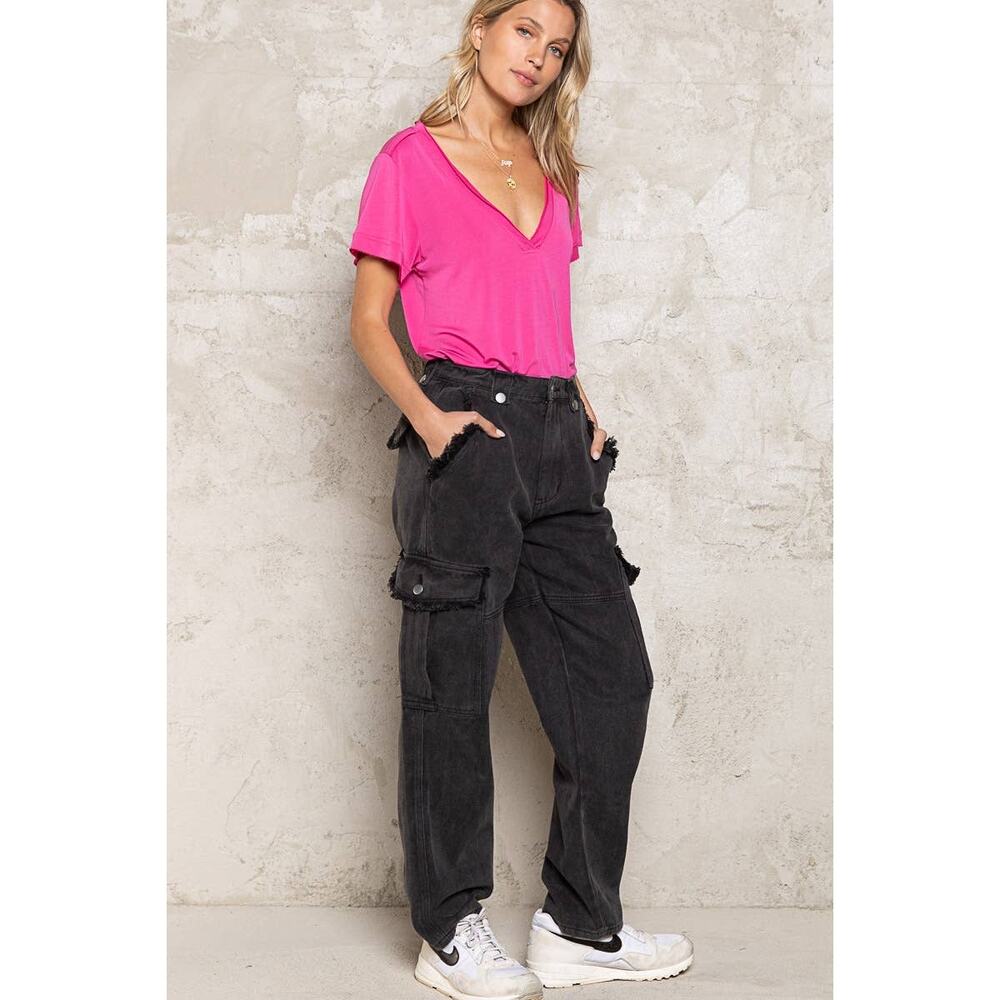 POL Black Fray & Play Distressed Mineral Washed Cargo Pants Wm M Fringe Trim